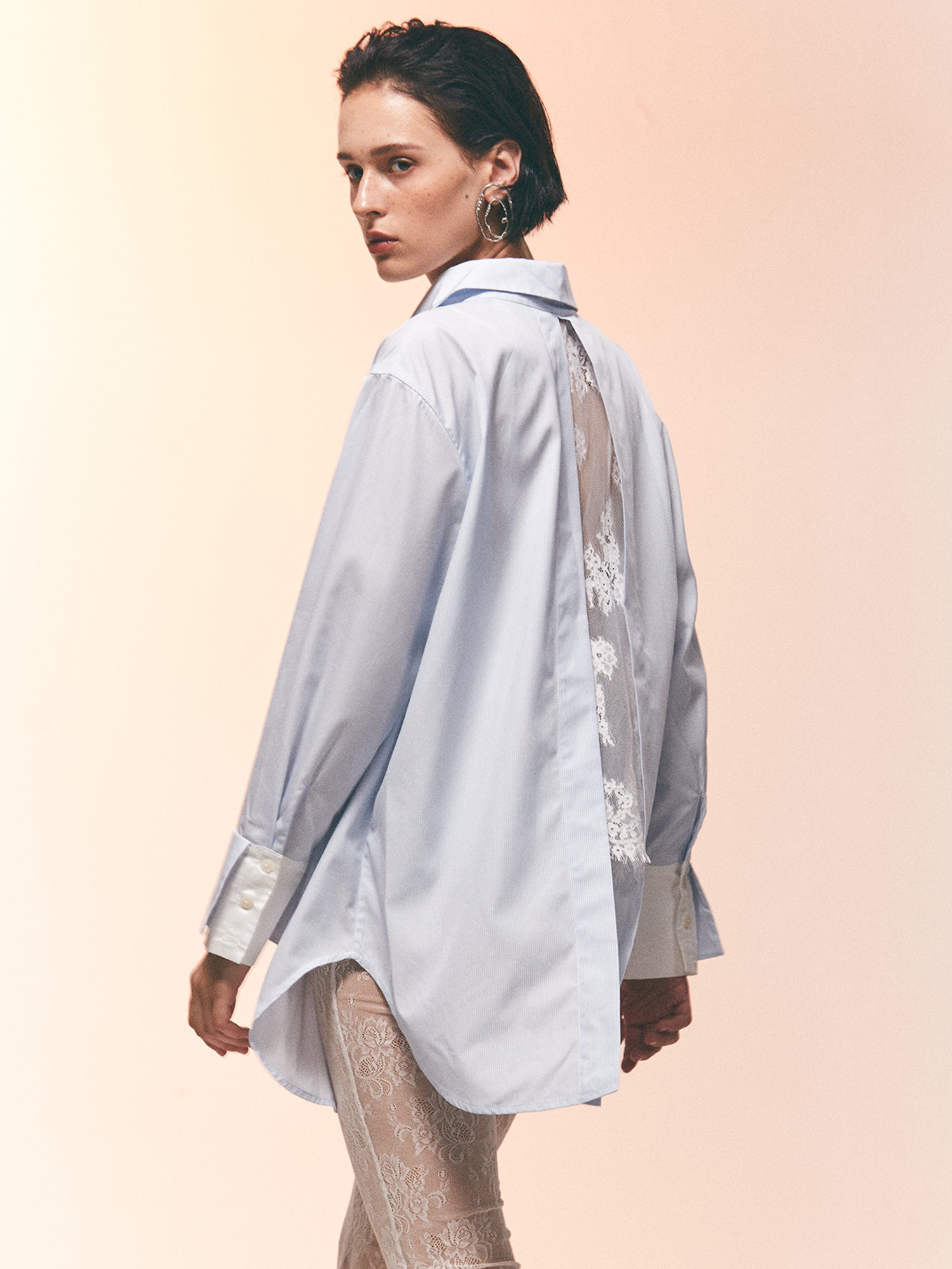 Maya Striped Shirt – Split Back, Subtle Lace, and Loose Fit – Sunday Life